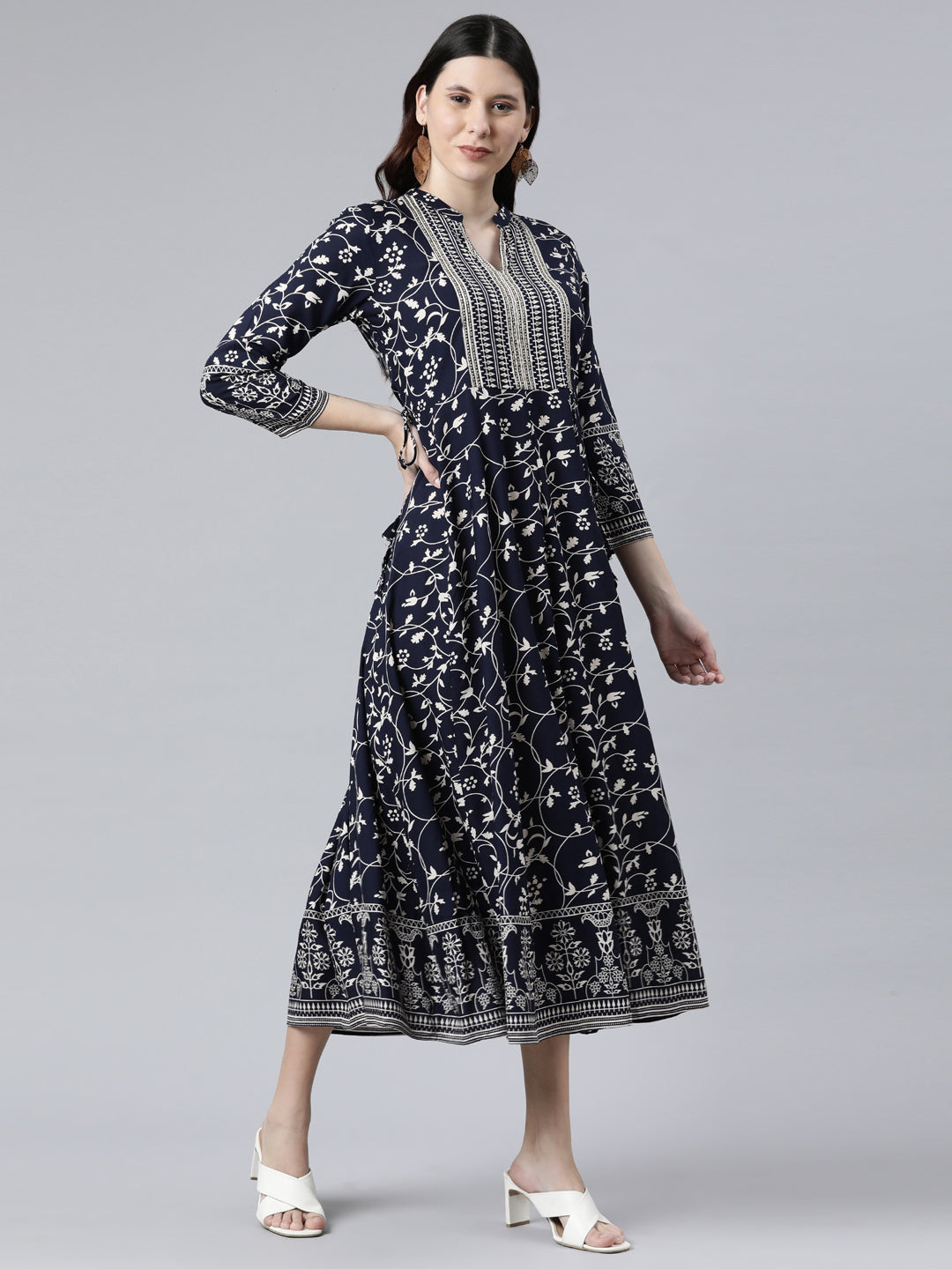 Neerus Navy Blue Color Rayon Fabric Dress