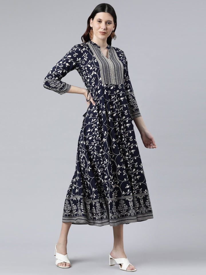 Neerus Navy Blue Color Rayon Fabric Dress