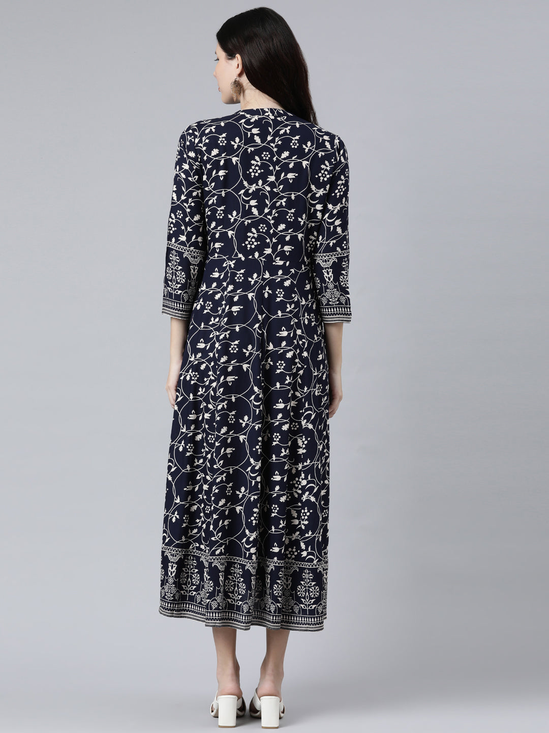 Neerus Navy Blue Color Rayon Fabric Dress