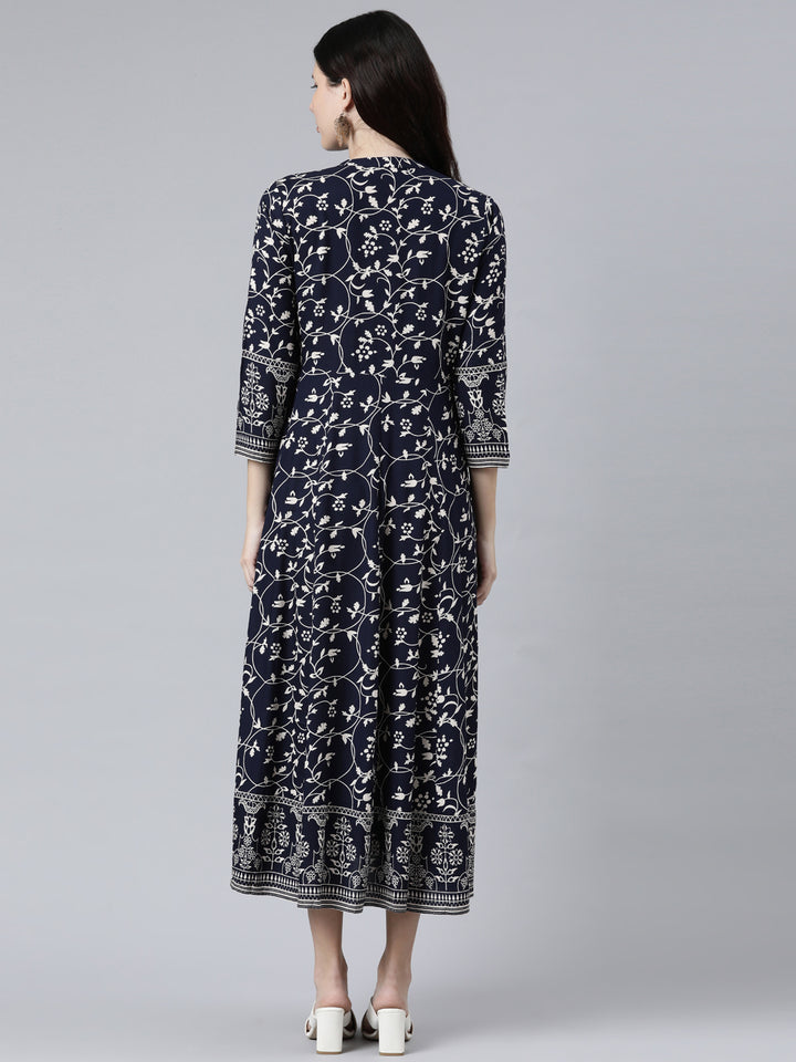 Neerus Navy Blue Color Rayon Fabric Dress