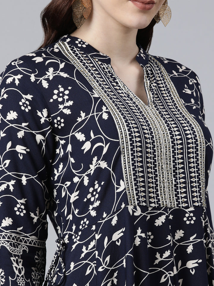 Neerus Navy Blue Color Rayon Fabric Dress