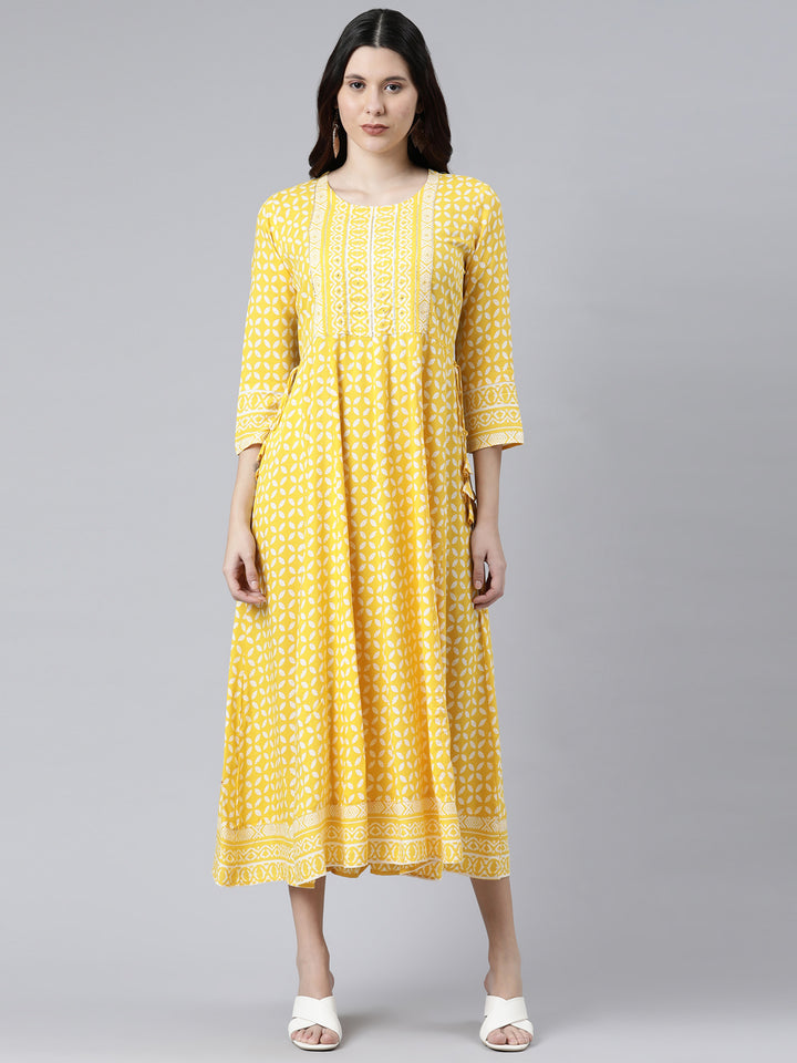 Neerus Women Yellow Geometric Printed Anarkali Kurta