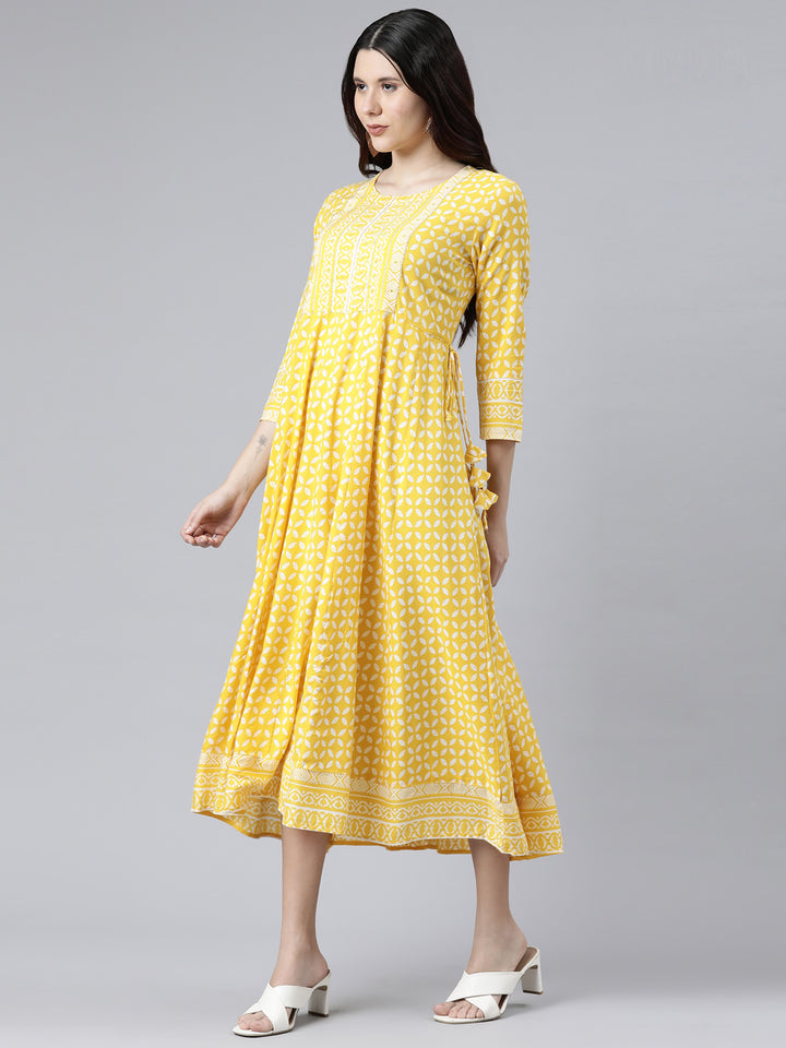 Neerus Women Yellow Geometric Printed Anarkali Kurta