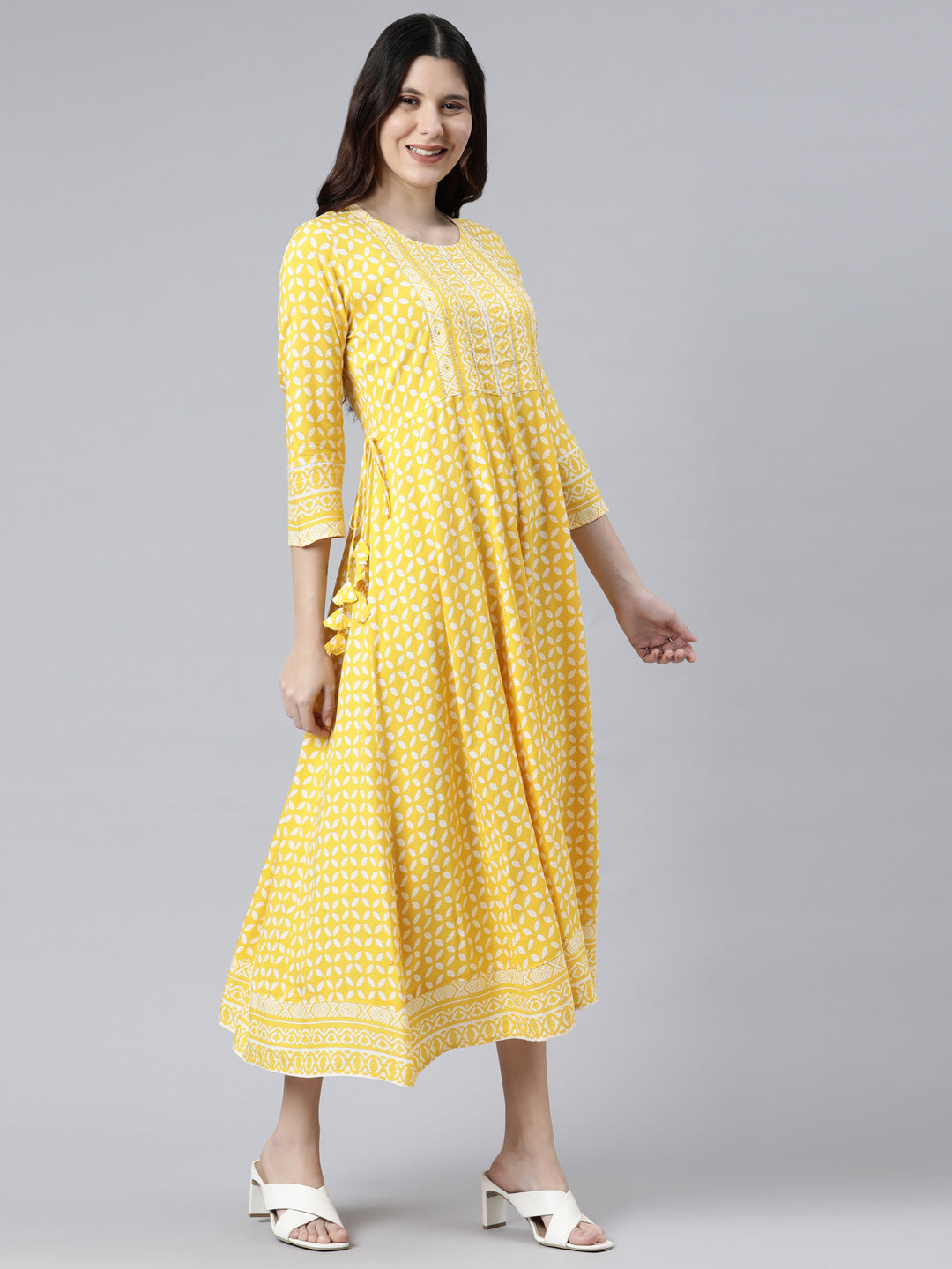 Neerus Women Yellow Geometric Printed Anarkali Kurta
