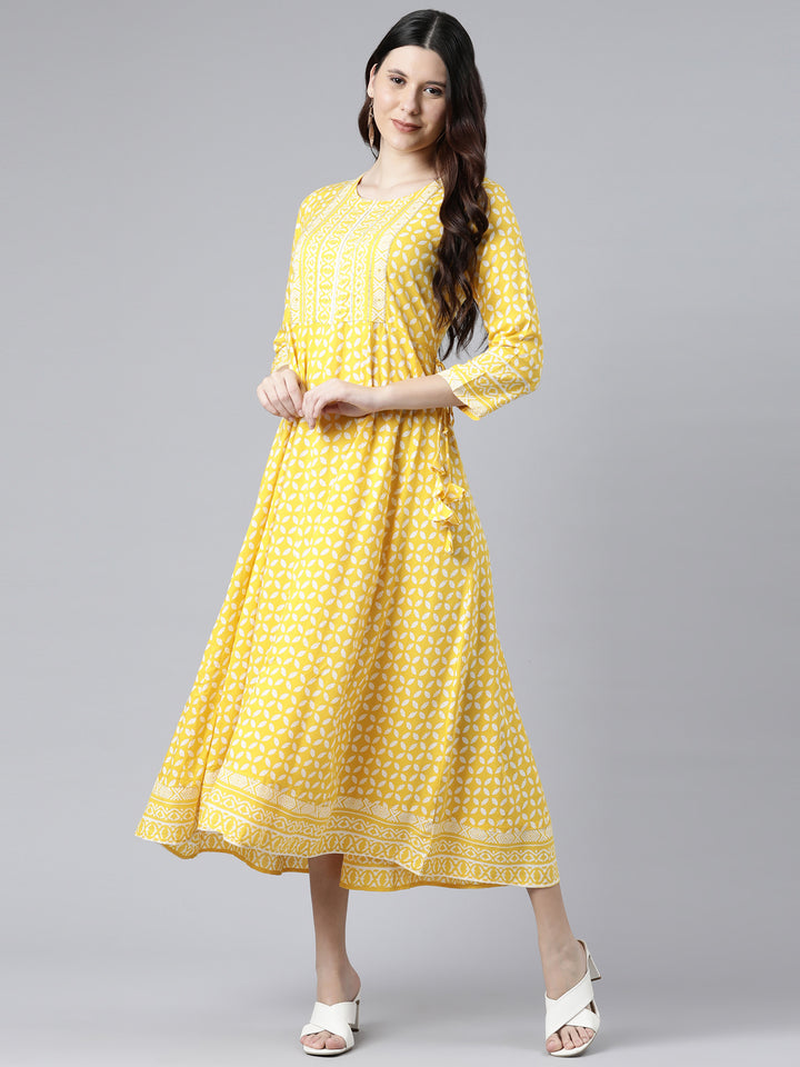 Neerus Women Yellow Geometric Printed Anarkali Kurta