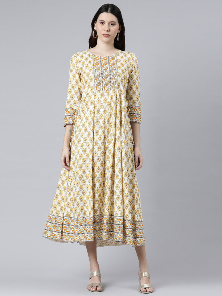 Neerus Yellow Color Rayon Fabric Floral Dress