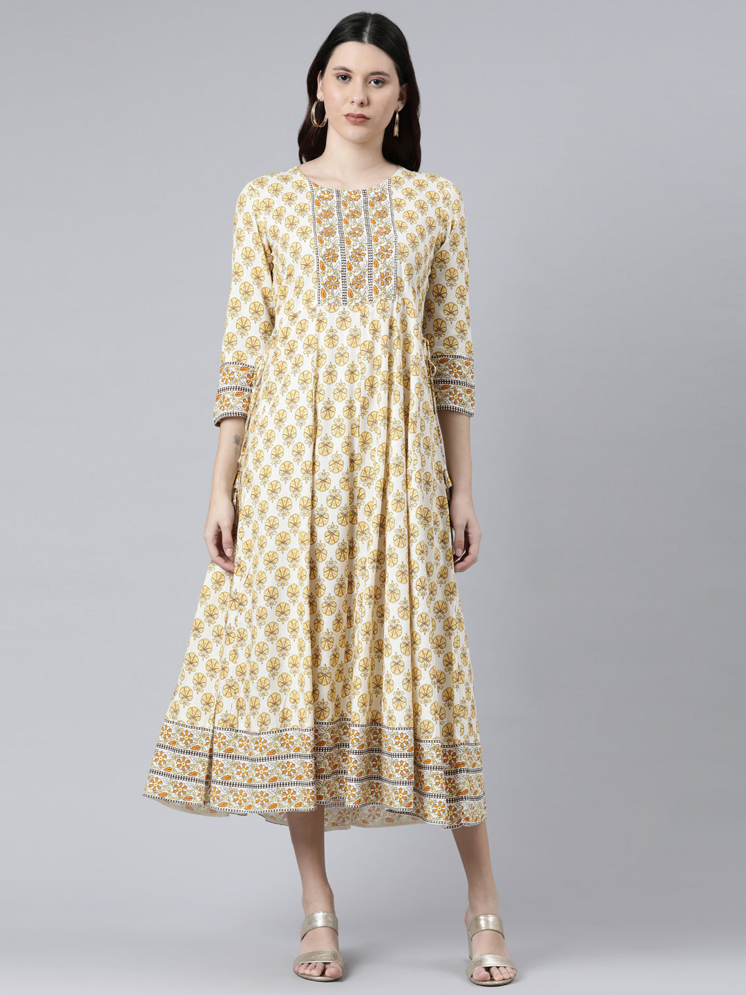 NEERU'S YELLOW COLOR RAYON FABRIC FLORAL DRESS