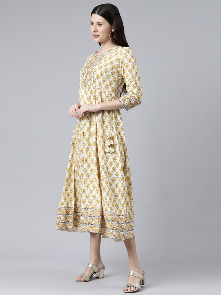 Neerus Yellow Color Rayon Fabric Floral Dress