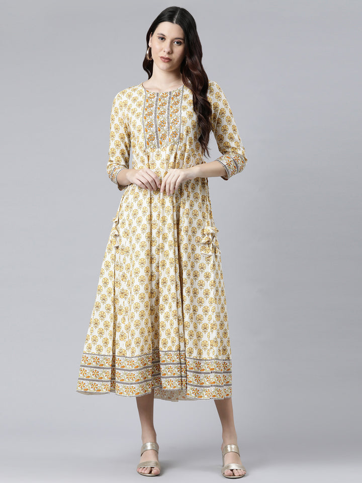 Neerus Yellow Color Rayon Fabric Floral Dress
