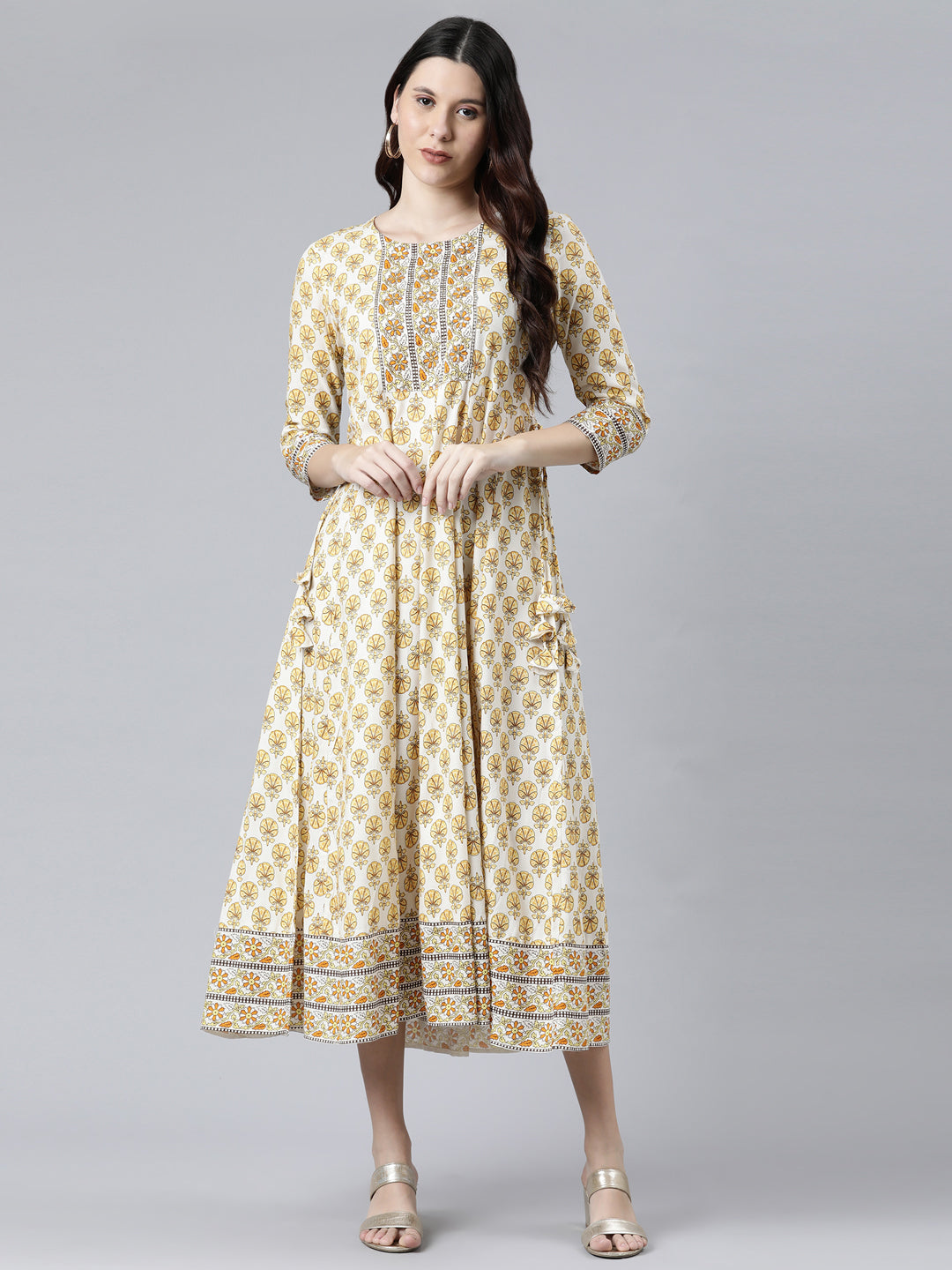 NEERU'S YELLOW COLOR RAYON FABRIC FLORAL DRESS