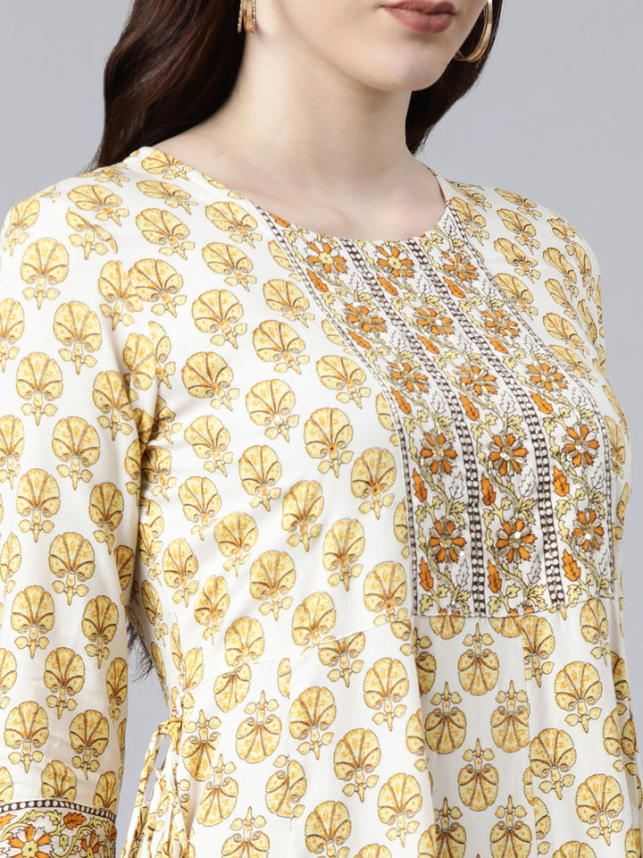 Neerus Yellow Color Rayon Fabric Floral Dress