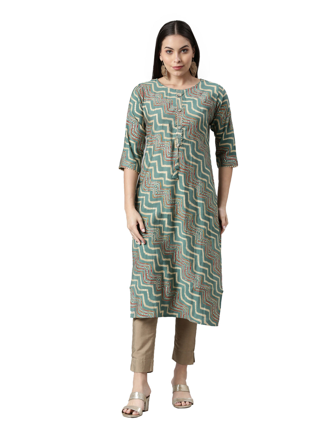 Neerus Green geometric printed kurta - front view