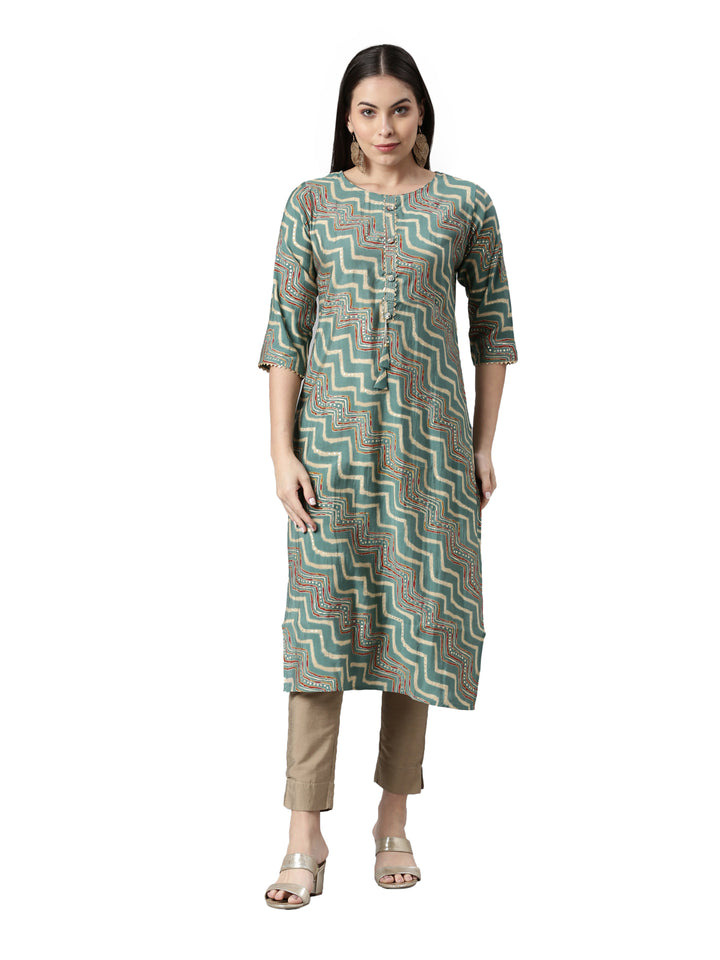 Neerus Green geometric printed kurta - front view