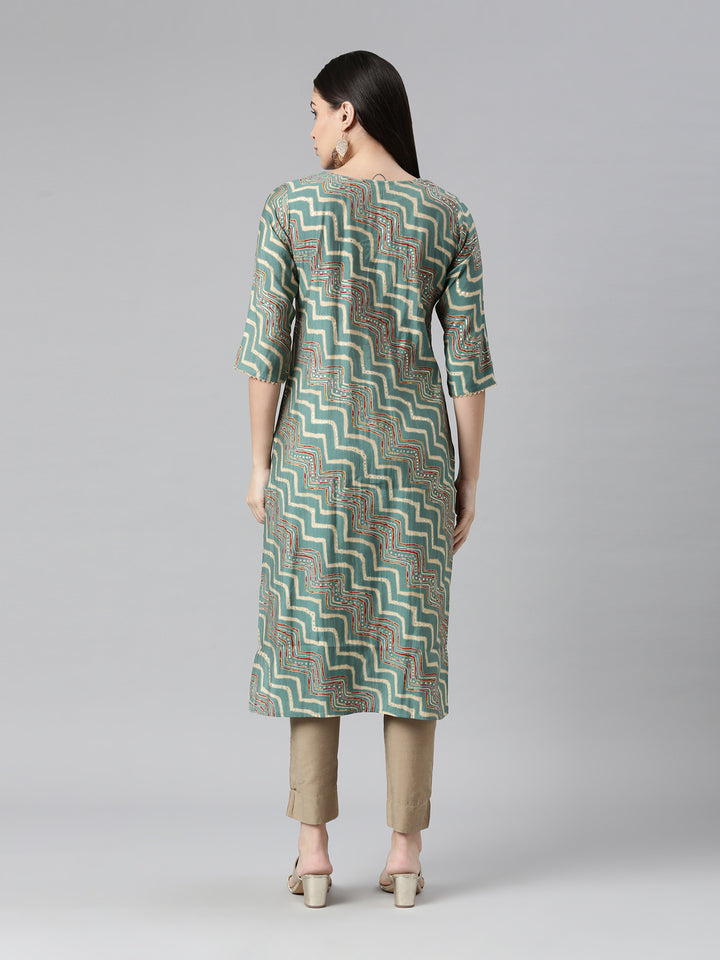 Neerus Green geometric printed kurta - detail view 1