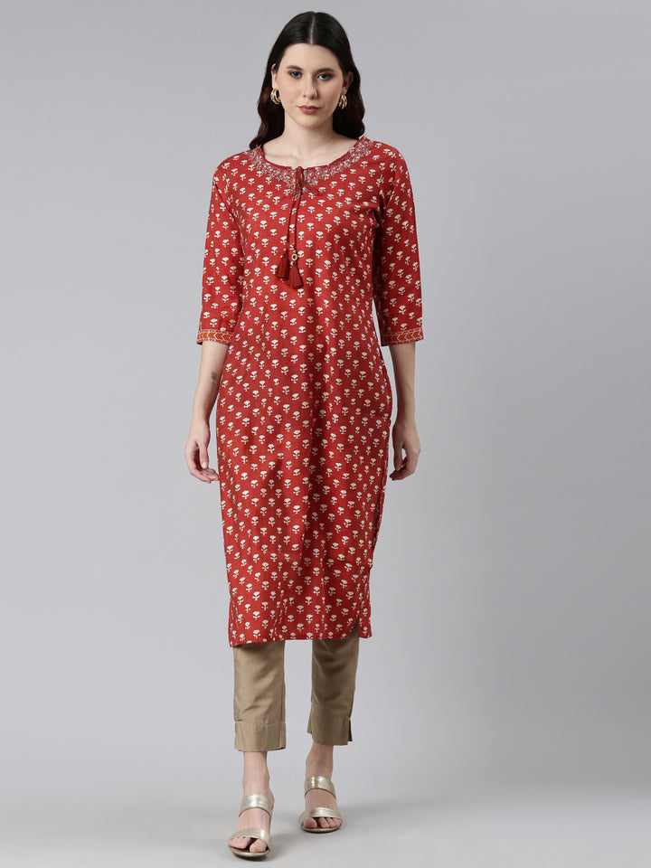 Neerus Orange modal floral printed kurti - front view