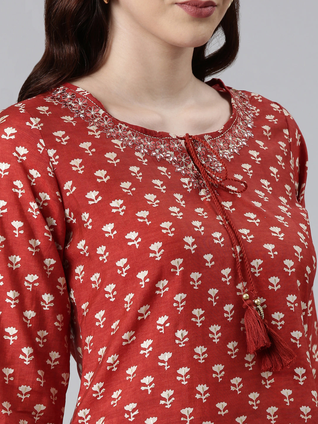 Neerus Orange modal floral printed kurti - detail view 1