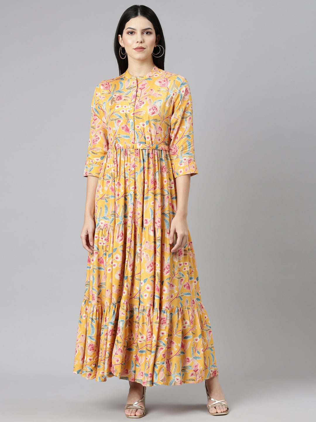 Neerus Mustard Flared Casual Printed Gown