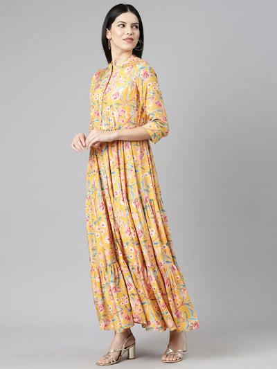 Neerus Mustard Flared Casual Printed Gown