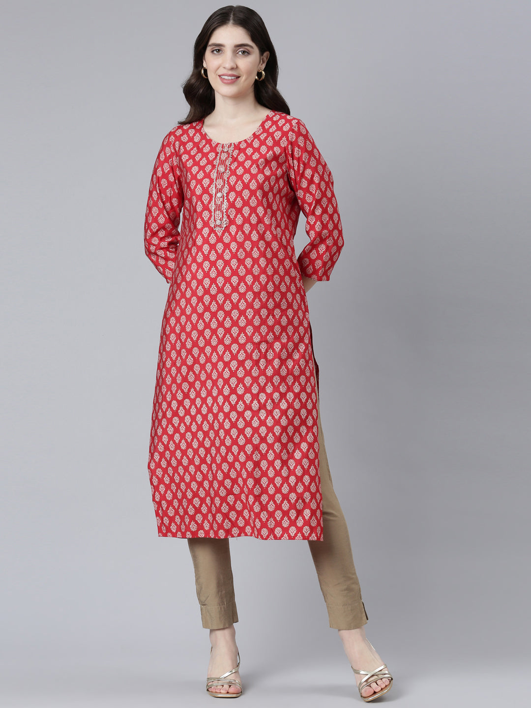Neerus Red printed straight kurti - front view