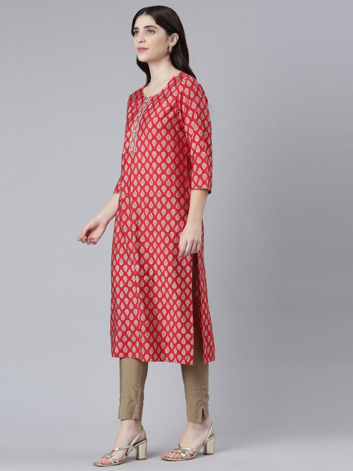 Neerus Red printed straight kurti - back view