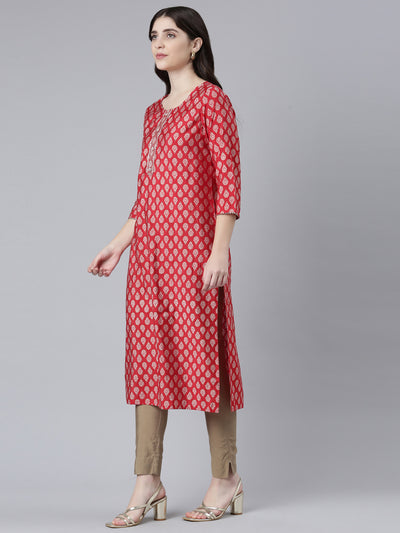 Neerus Red Regular Straight Printed Kurtas