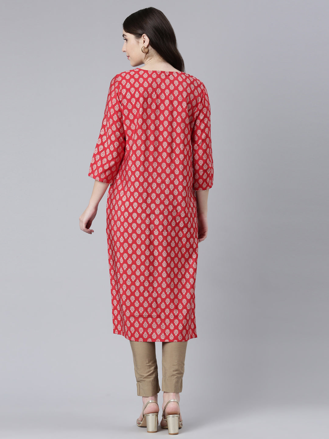 Neerus Red printed straight kurti - side view