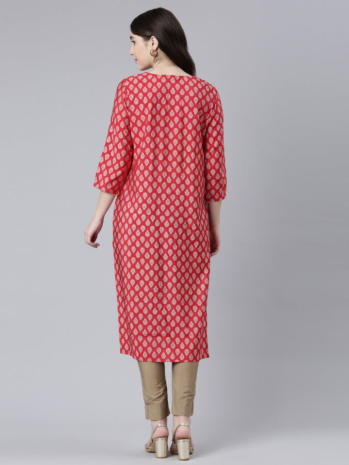 Neerus Red printed straight kurti - side view