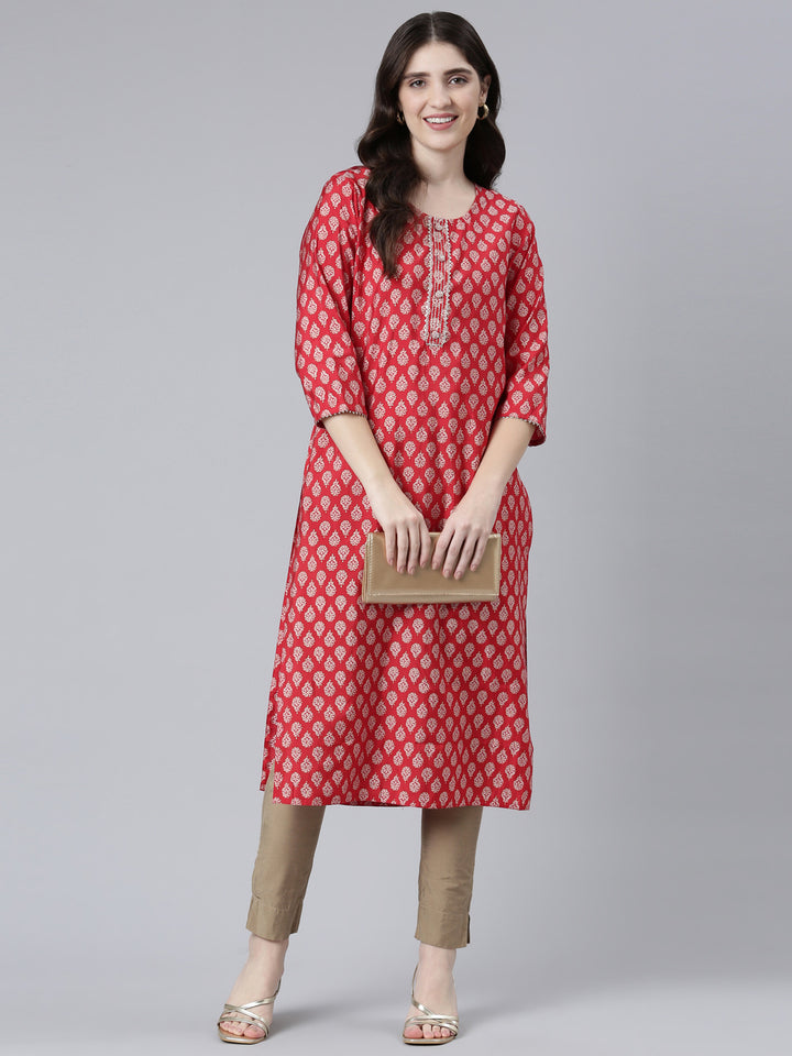 Neerus Red printed straight kurti - detail view 2