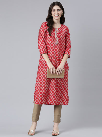 Neerus Red Regular Straight Printed Kurtas