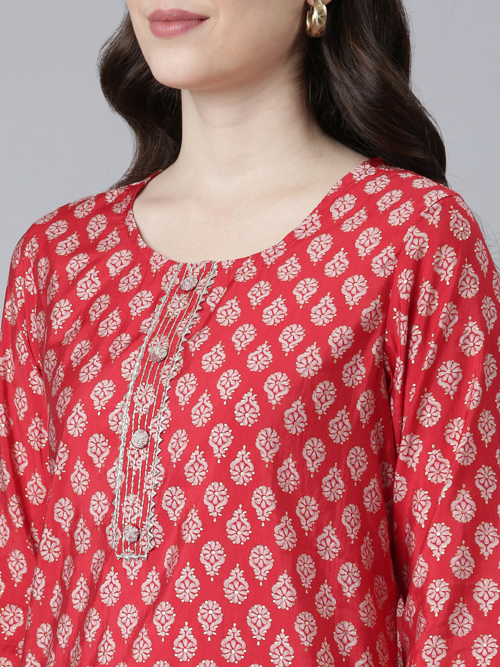 Neerus Red printed straight kurti - detail view 1