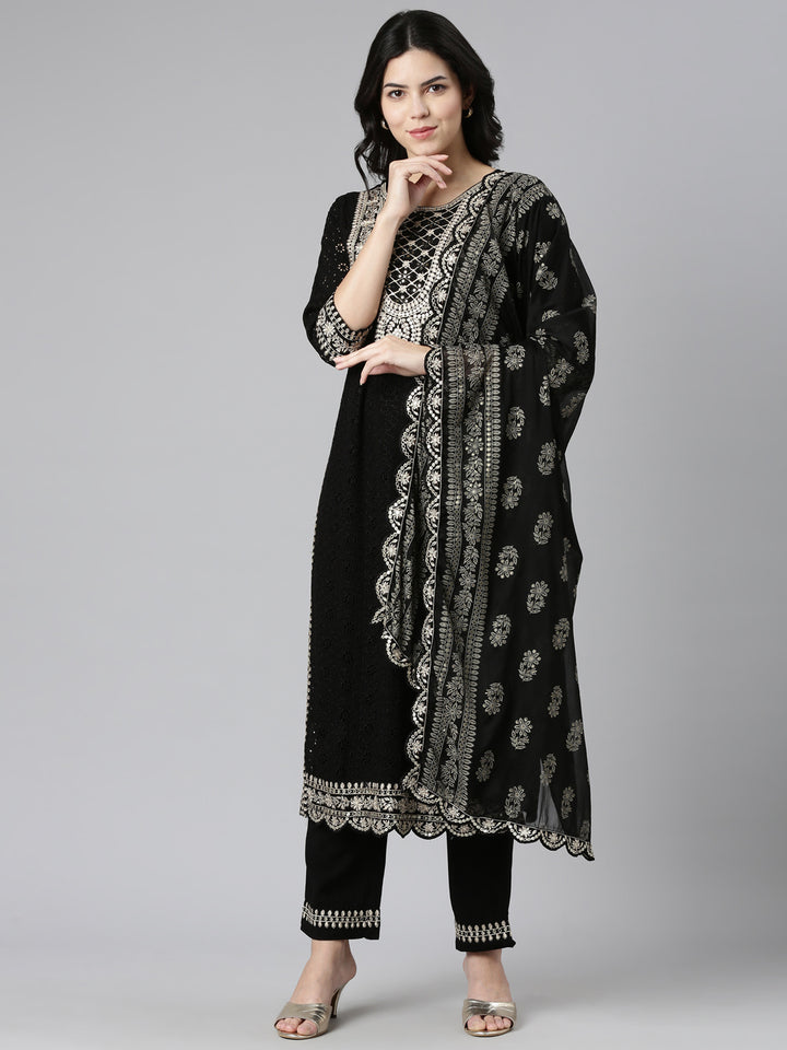 Neerus Black Regular Straight Solid Readymade Suits