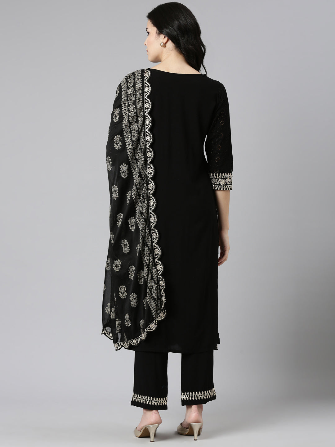 Neerus Black Regular Straight Solid Readymade Suits