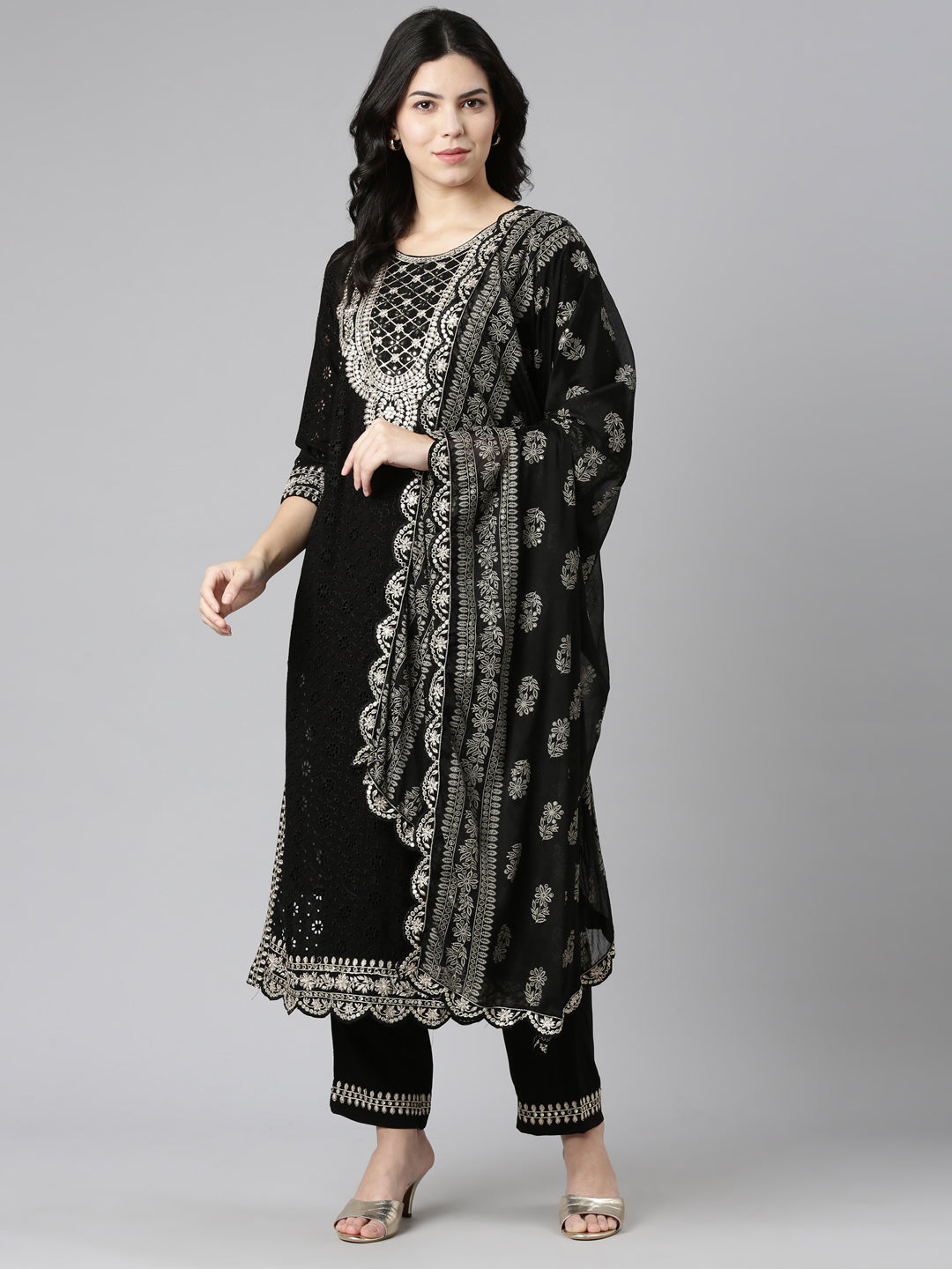 Neerus Black Regular Straight Solid Readymade Suits