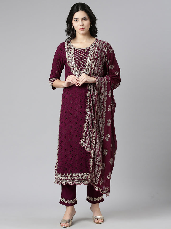 Neerus Purple solid straight kurta set with dupatta - front view