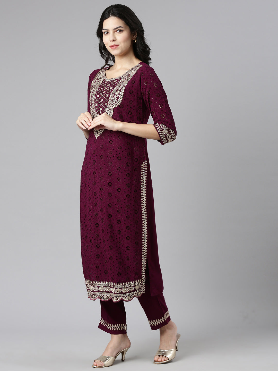 Neerus Purple solid straight kurta set with dupatta - back view