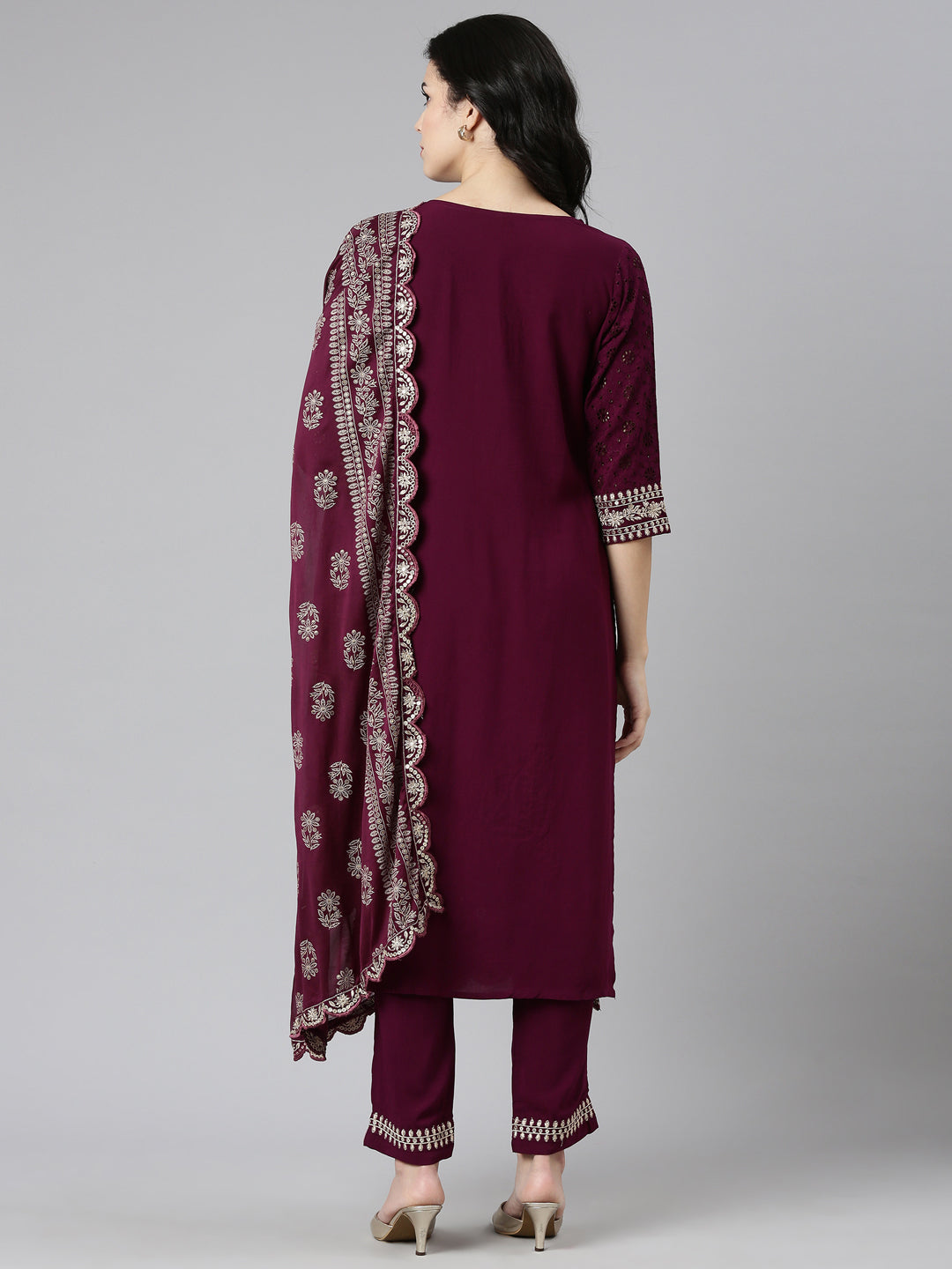 Neerus Purple solid straight kurta set with dupatta - side view