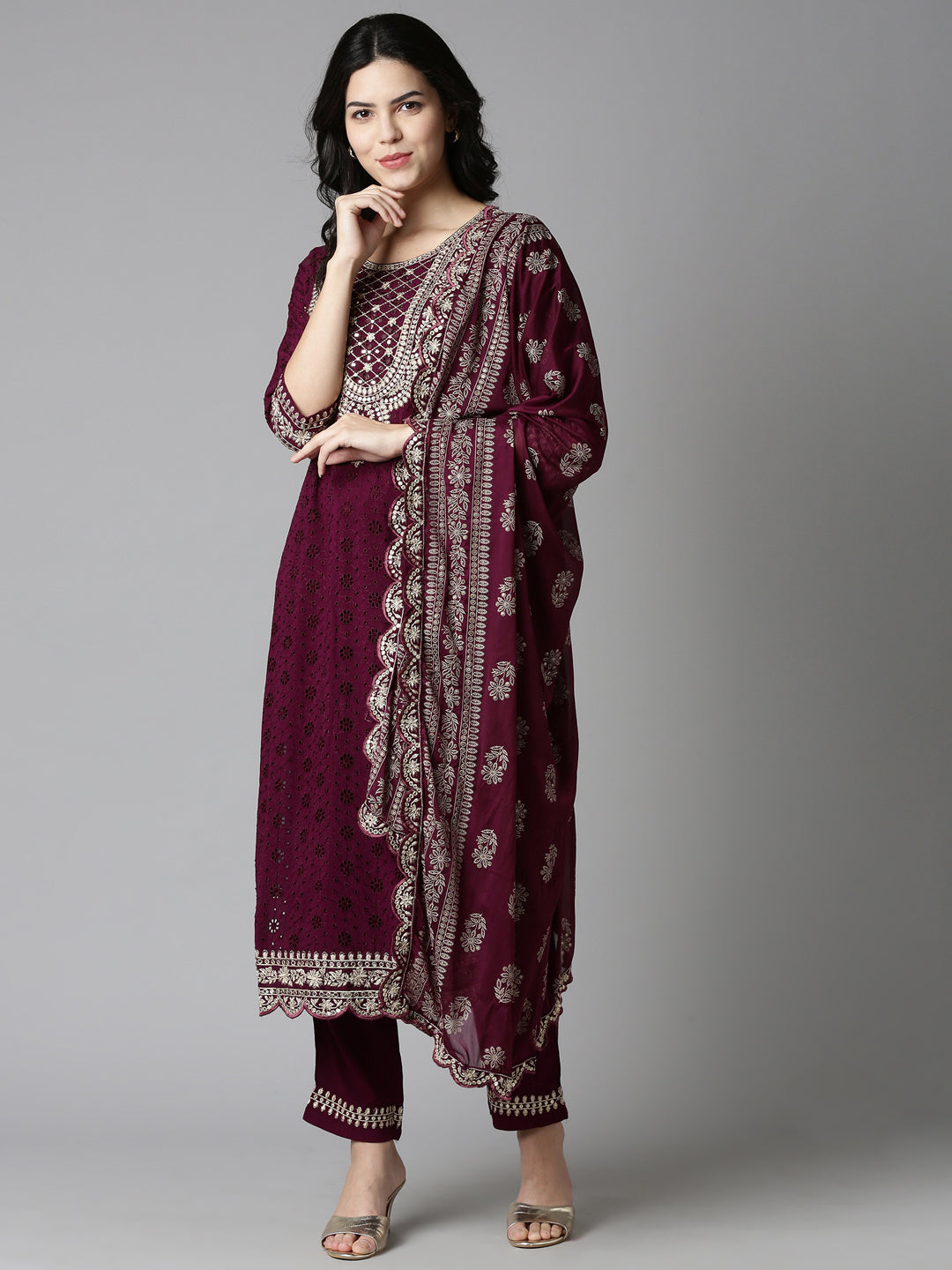 Neerus Purple solid straight kurta set with dupatta - detail view 2