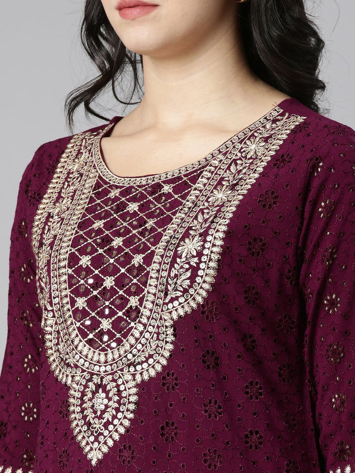 Neerus Purple solid straight kurta set with dupatta - detail view 1