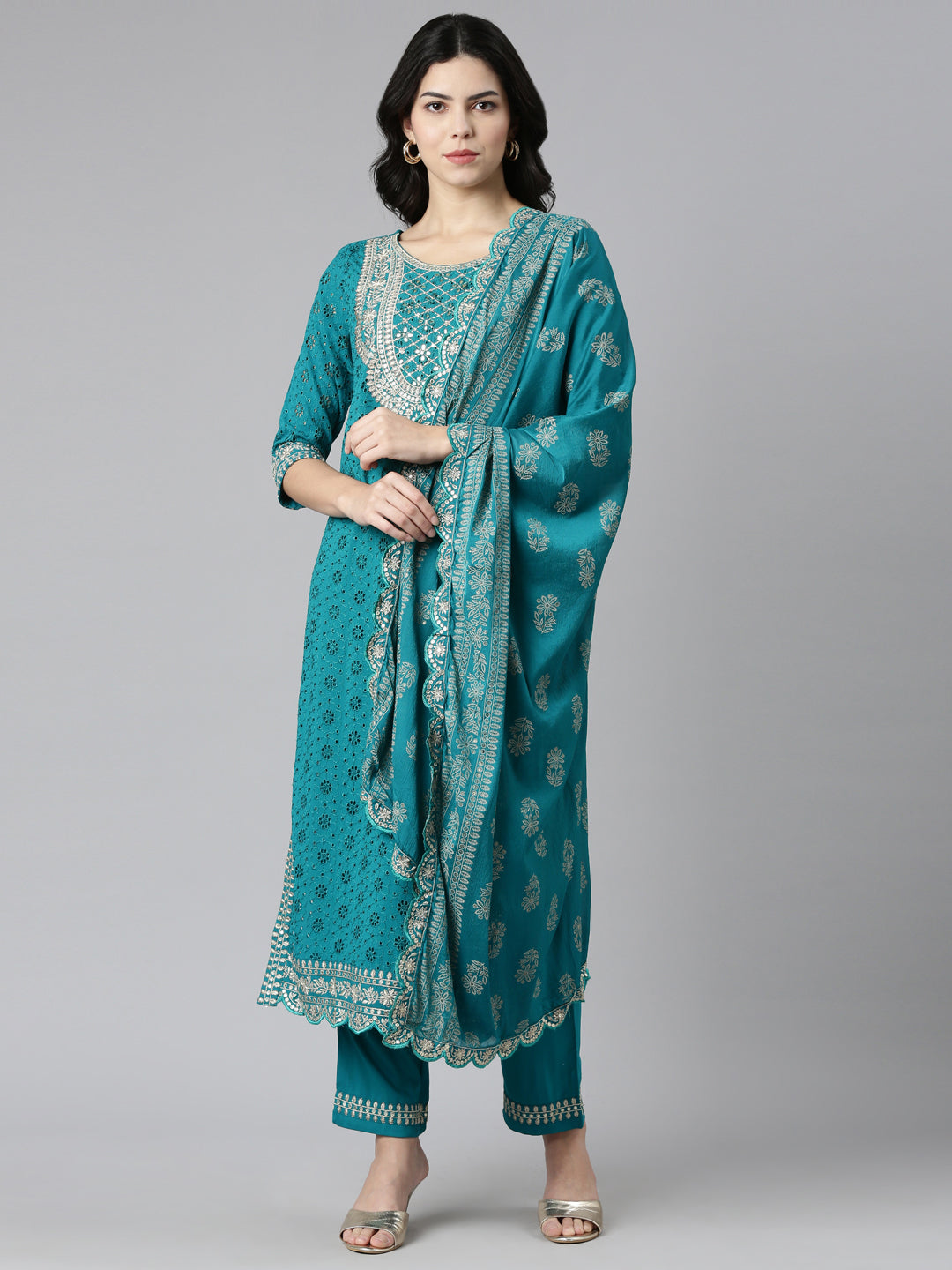Neerus Green solid straight kurta set with trouser and dupatta - front view