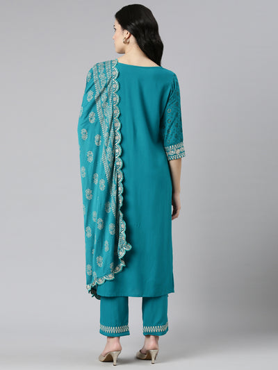 Neerus Green Regular Straight Solid Kurta And Trousers With Dupatta