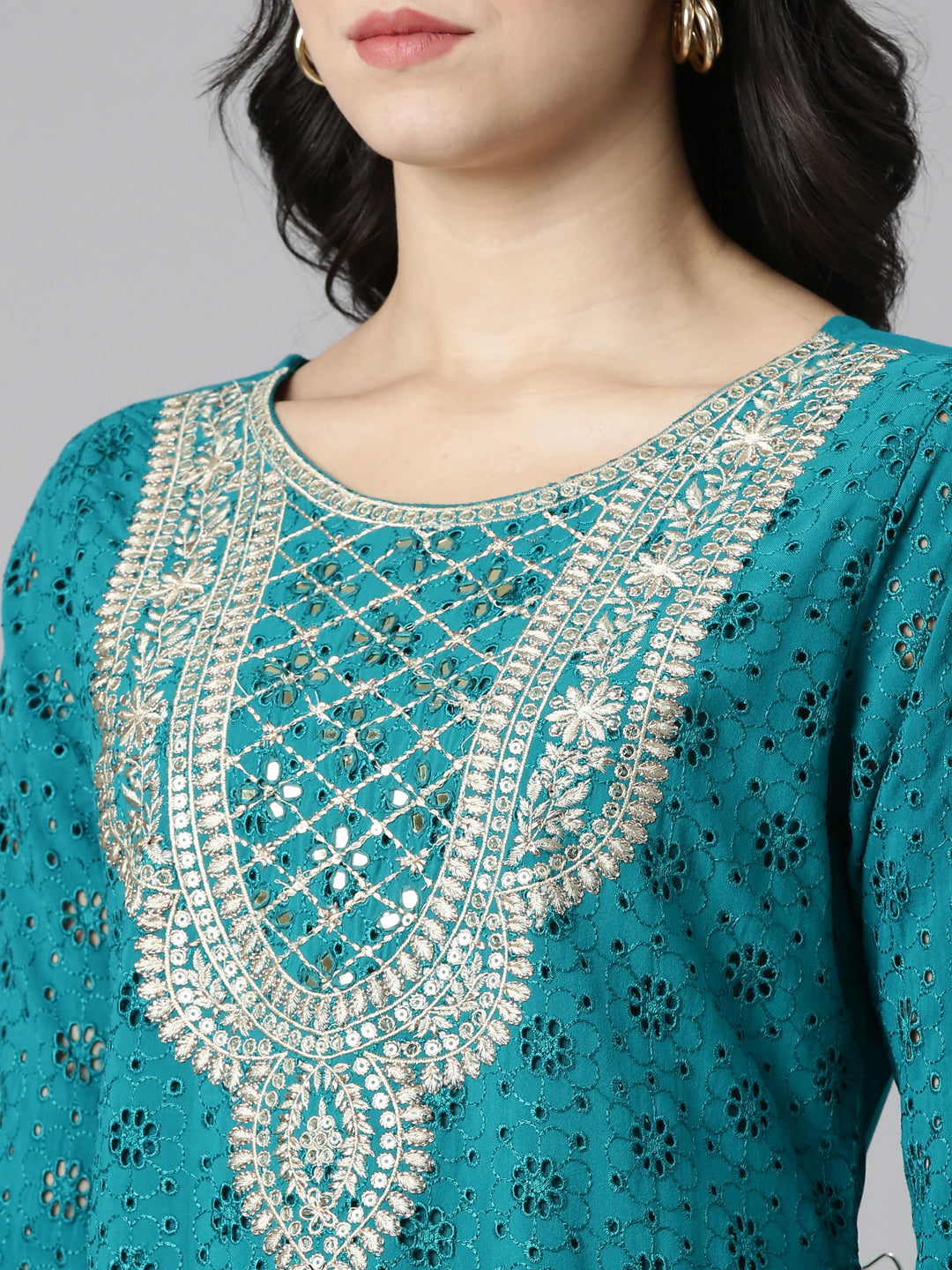 Neerus Green solid straight kurta set with trouser and dupatta - detail view 1