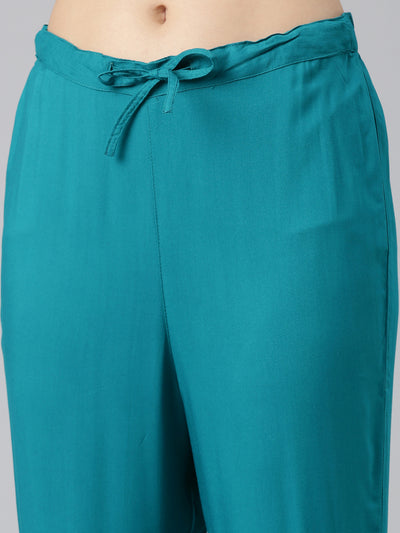 Neerus Green Regular Straight Solid Kurta And Trousers With Dupatta