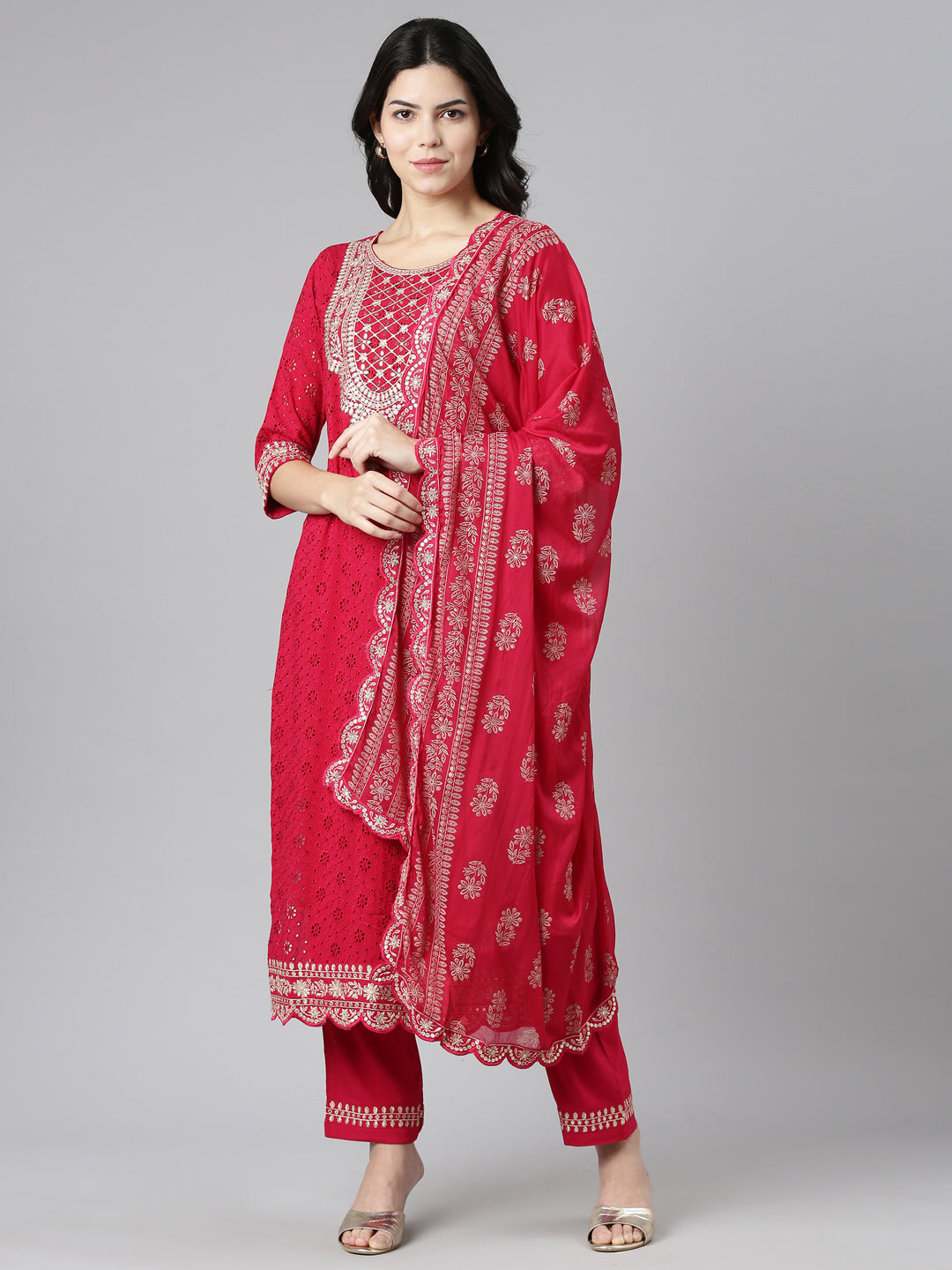 Neerus Pink Regular Straight Solid Kurta And Trousers With Dupatta
