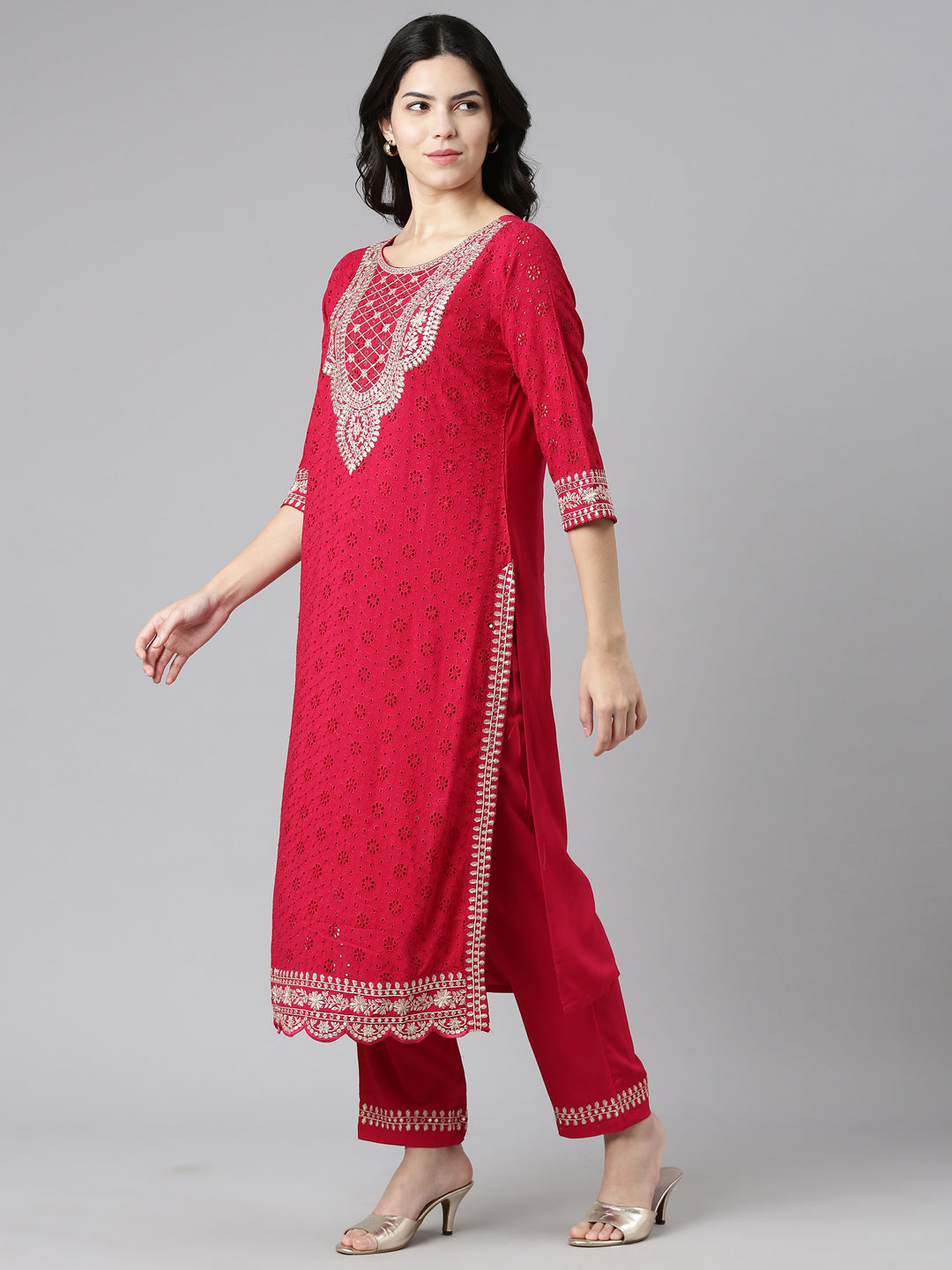 Neerus Pink Regular Straight Solid Kurta And Trousers With Dupatta