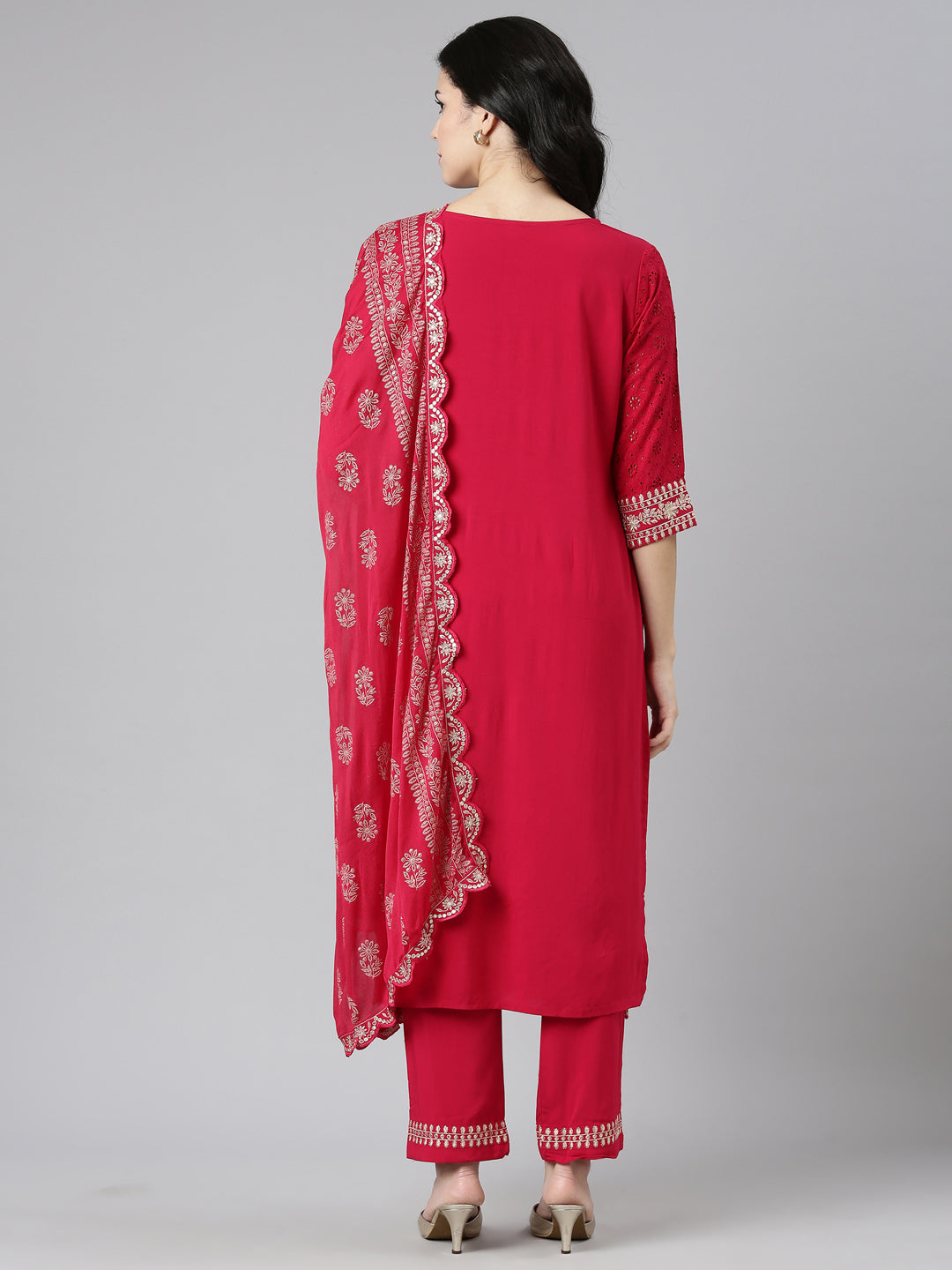 Neerus Pink Regular Straight Solid Kurta And Trousers With Dupatta