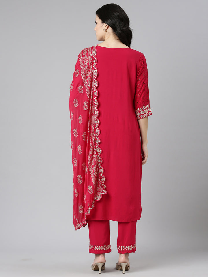 Neerus Pink Regular Straight Solid Kurta And Trousers With Dupatta