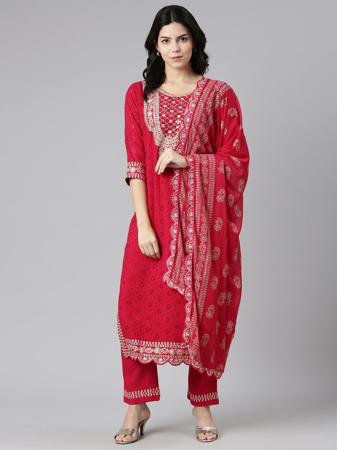 Neerus Pink Regular Straight Solid Kurta And Trousers With Dupatta