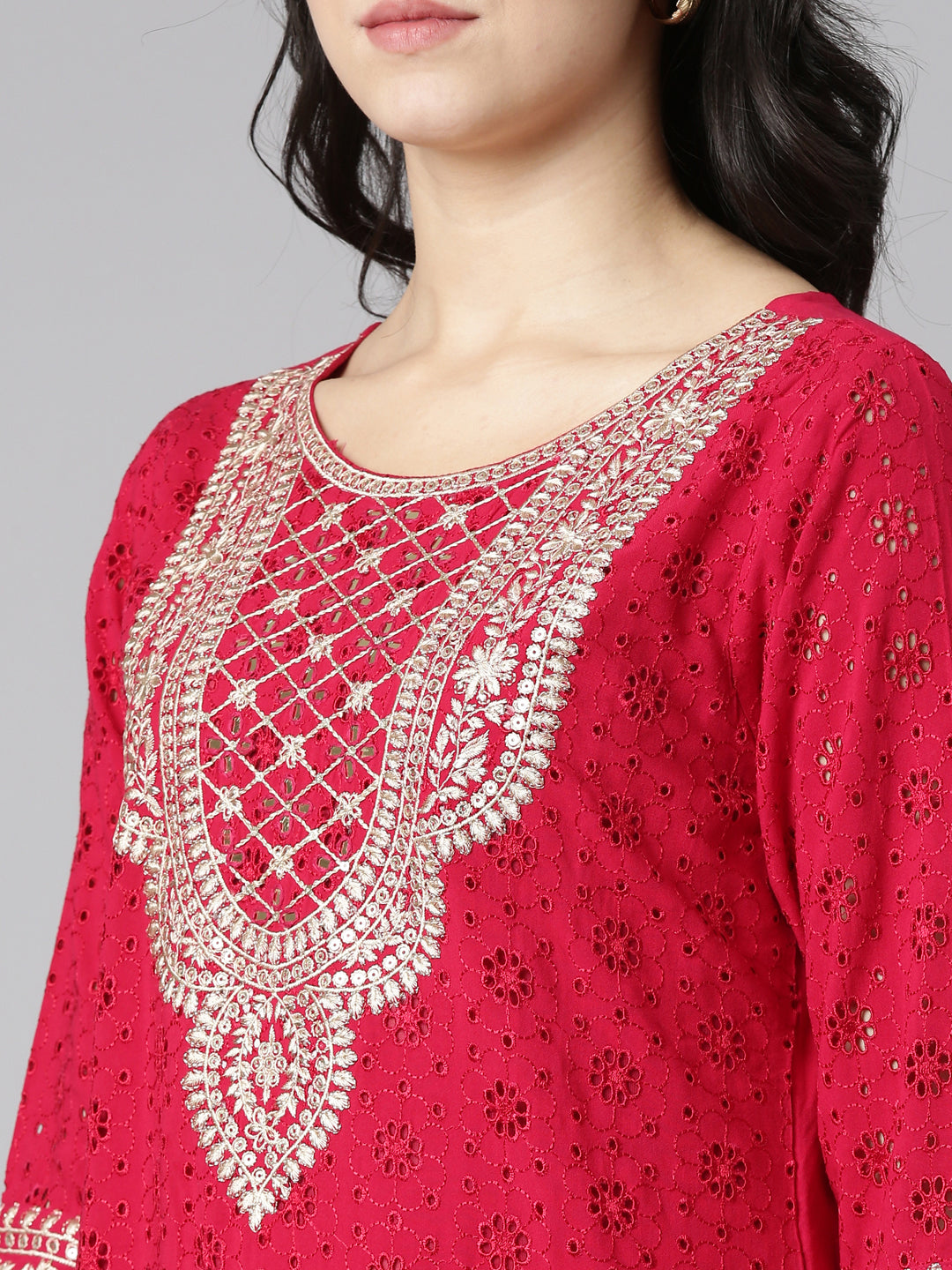 Neerus Pink Regular Straight Solid Kurta And Trousers With Dupatta
