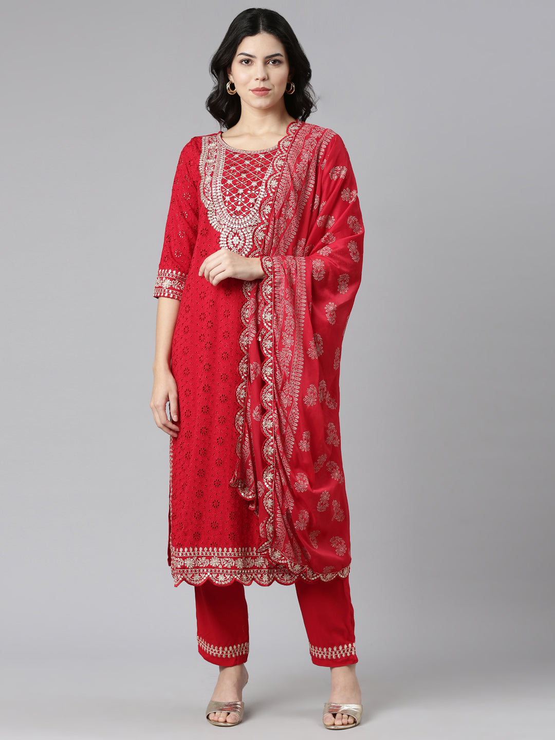 Neerus Red solid straight kurta set with trouser and dupatta - front view