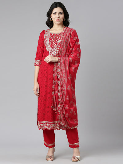 Neerus Red Regular Straight Solid Kurta And Trousers With Dupatta